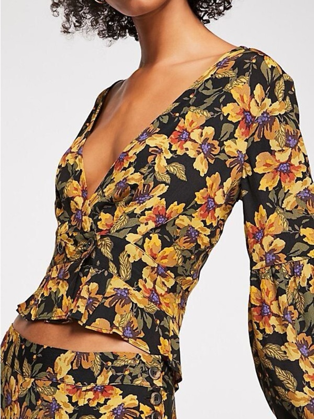 Free People Autumn Floral V Neck Peplum Button Blouse Size 2